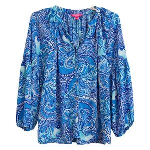 Lilly Pulitzer XL Anela Top NWOT "Coastal Blue" Tropical Paisley Chic Beachy